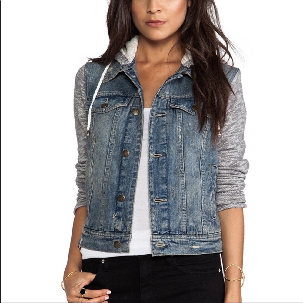 Free People Knit Hooded Jean Denim Jacket
